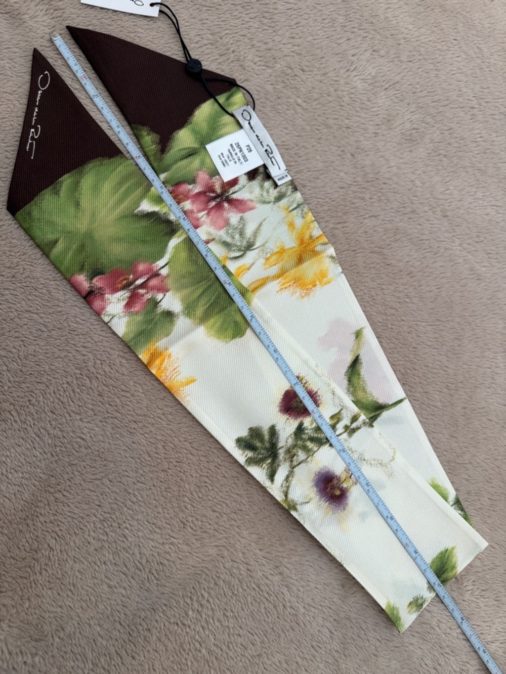 Oscar de la Renta Floral Satin Twilly in White, Green & Brown - Picture 5 of 6